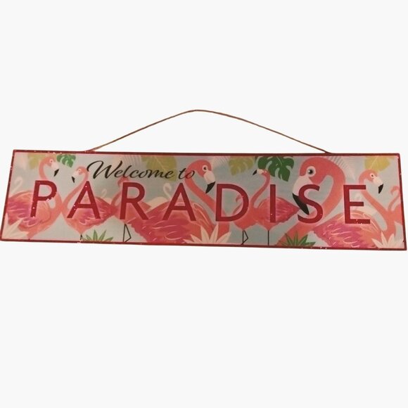 Welcome To Paradise Flamingo Hanging Wall Sign Tropical Coastal Tiki Beachy - Picture 1 of 6